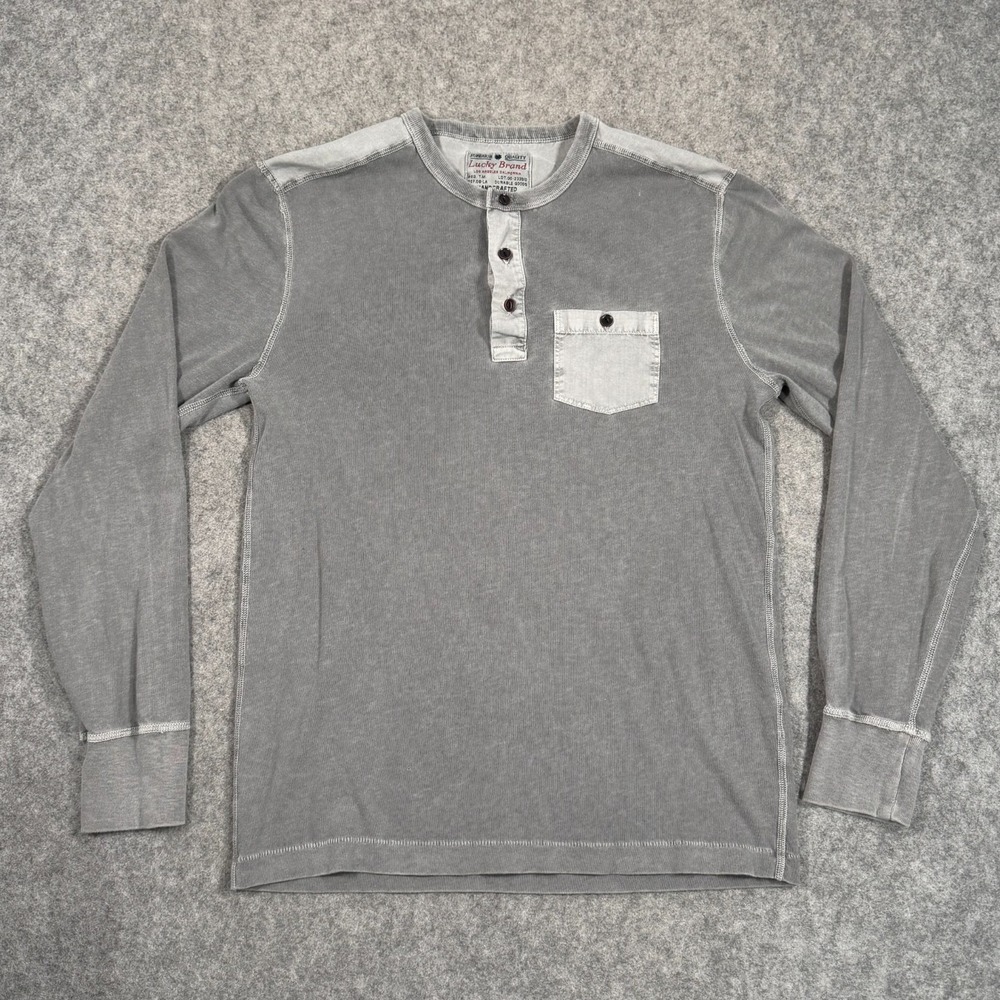 Lucky Brand Washed Gray Long Sleeve Henley Pocket T-Shirt Men's Size Small
